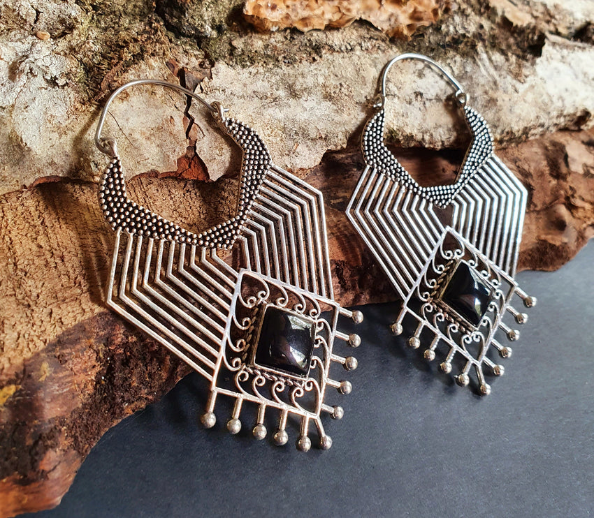 Ethnic Inca Black Onyx Silver Earrings / Tribal / Rustic / Yoga / Hippie / Gypsy / Psy / Boho / Bohemian / Festival / Black Stone