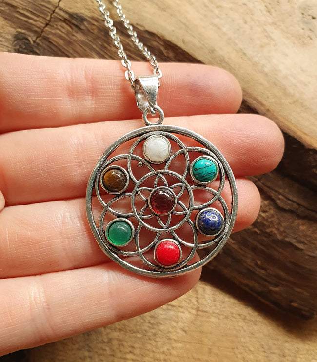 7 Chakras Necklace / Hypoallergenic / Silver / Yoga / Reiki / Boho / Hippie / Rustic / Ethnic / Crystals / Third Eye / Illuminati