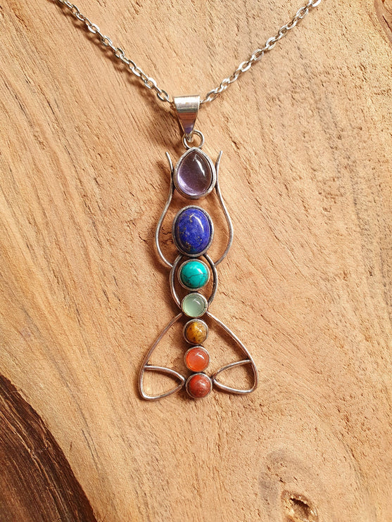 7 Chakras Lotus Necklace / Hypoallergenic / Silver / Yoga / Reiki / Boho / Hippie / Rustic / Ethnic / Crystals / Third Eye / Illuminati