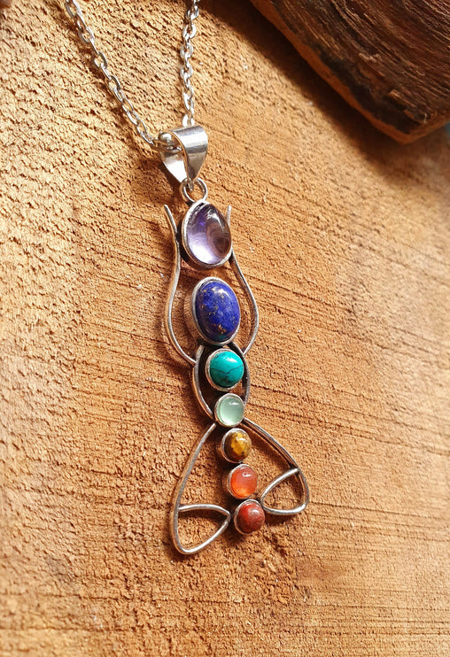 7 Chakras Lotus Necklace / Hypoallergenic / Silver / Yoga / Reiki / Boho / Hippie / Rustic / Ethnic / Crystals / Third Eye / Illuminati