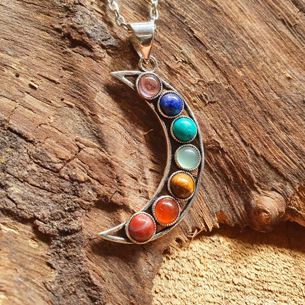 Moon & 7 Chakras Necklace / Hypoallergenic / Silver / Yoga / Reiki / Boho / Hippie / Rustic / Ethnic / Crystals / Third Eye / Illuminati