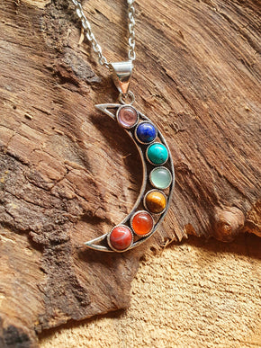 Moon & 7 Chakras Necklace / Hypoallergenic / Silver / Yoga / Reiki / Boho / Hippie / Rustic / Ethnic / Crystals / Third Eye / Illuminati