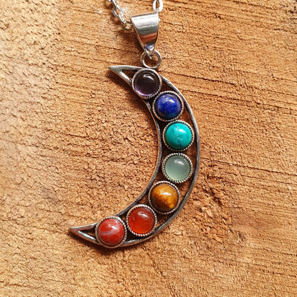 Moon & 7 Chakras Necklace / Hypoallergenic / Silver / Yoga / Reiki / Boho / Hippie / Rustic / Ethnic / Crystals / Third Eye / Illuminati