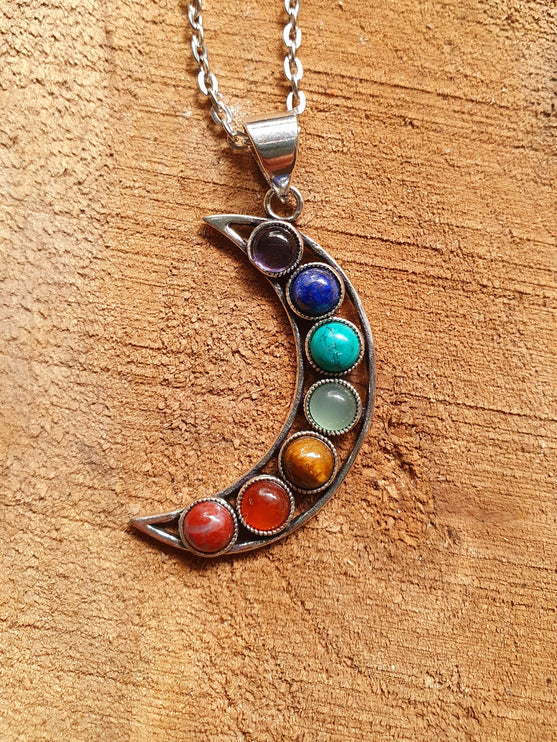 Moon & 7 Chakras Necklace / Hypoallergenic / Silver / Yoga / Reiki / Boho / Hippie / Rustic / Ethnic / Crystals / Third Eye / Illuminati