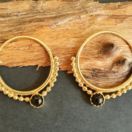 Small Boho Hoops Black Onyx Brass Earrings / Triangle / Mandala / Ethnic / Rustic / Yoga / Hippie / Gypsy / Psy / Bohemian / Festival