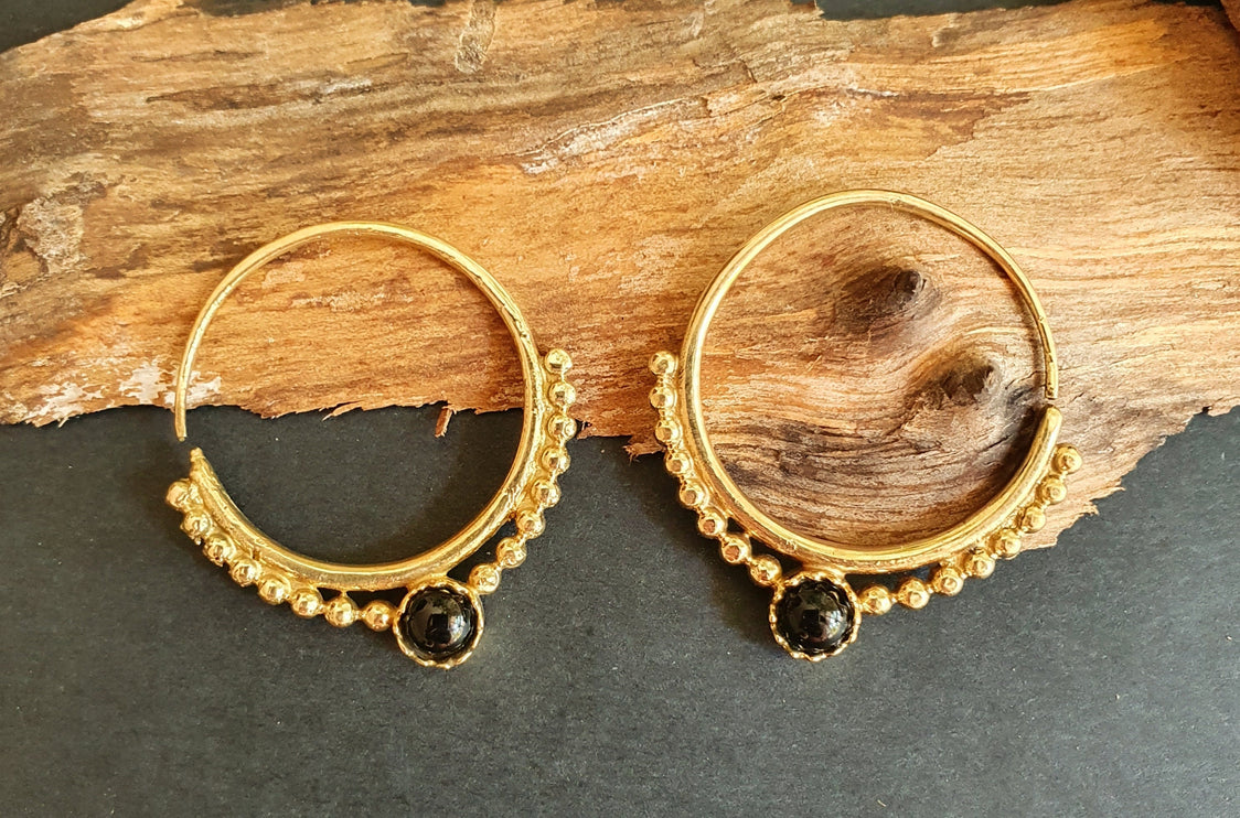 Small Boho Hoops Black Onyx Brass Earrings / Triangle / Mandala / Ethnic / Rustic / Yoga / Hippie / Gypsy / Psy / Bohemian / Festival