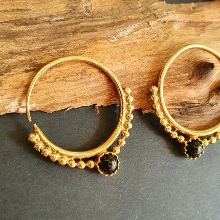 Small Boho Hoops Black Onyx Brass Earrings / Triangle / Mandala / Ethnic / Rustic / Yoga / Hippie / Gypsy / Psy / Bohemian / Festival