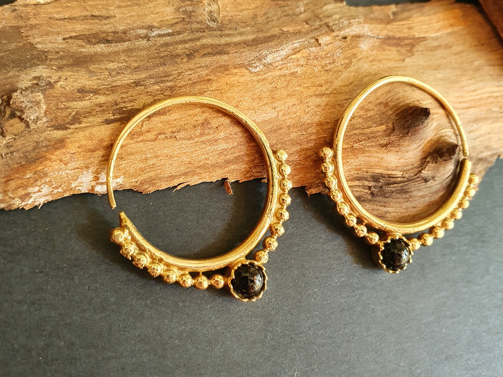 Small Boho Hoops Black Onyx Brass Earrings / Triangle / Mandala / Ethnic / Rustic / Yoga / Hippie / Gypsy / Psy / Bohemian / Festival