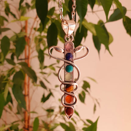 Moon & 7 Chakras Necklace / Hypoallergenic / Silver / Yoga / Reiki / Boho / Hippie / Rustic / Ethnic / Crystals / Third Eye / Illuminati