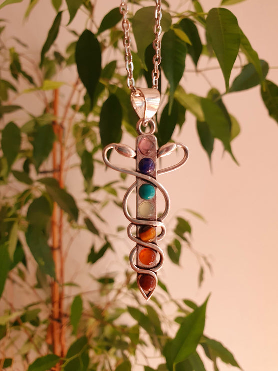 Moon & 7 Chakras Necklace / Hypoallergenic / Silver / Yoga / Reiki / Boho / Hippie / Rustic / Ethnic / Crystals / Third Eye / Illuminati