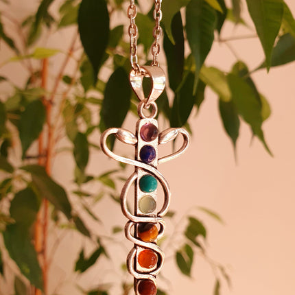 Moon & 7 Chakras Necklace / Hypoallergenic / Silver / Yoga / Reiki / Boho / Hippie / Rustic / Ethnic / Crystals / Third Eye / Illuminati