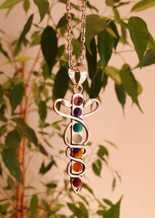 Moon & 7 Chakras Necklace / Hypoallergenic / Silver / Yoga / Reiki / Boho / Hippie / Rustic / Ethnic / Crystals / Third Eye / Illuminati