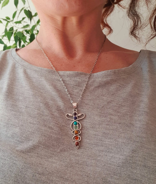 Moon & 7 Chakras Necklace / Hypoallergenic / Silver / Yoga / Reiki / Boho / Hippie / Rustic / Ethnic / Crystals / Third Eye / Illuminati