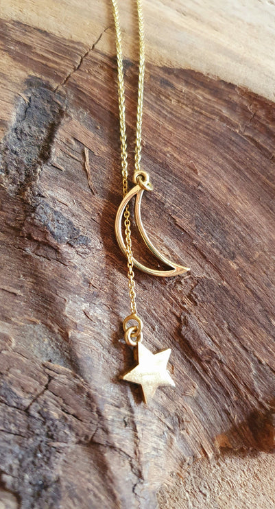 Lariat Necklace in Brass with Moon & Star Design / Minimalist / Contemporary / Boho / Modern / Chic / Pretty / Chain / Nature