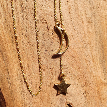 Lariat Necklace in Brass with Moon & Star Design / Minimalist / Contemporary / Boho / Modern / Chic / Pretty / Chain / Nature