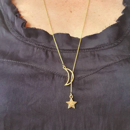 Lariat Necklace in Brass with Moon & Star Design / Minimalist / Contemporary / Boho / Modern / Chic / Pretty / Chain / Nature