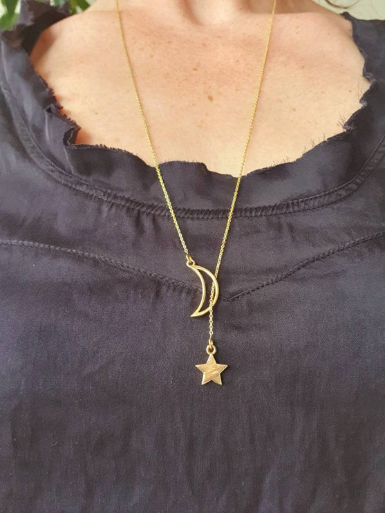 Lariat Necklace in Brass with Moon & Star Design / Minimalist / Contemporary / Boho / Modern / Chic / Pretty / Chain / Nature