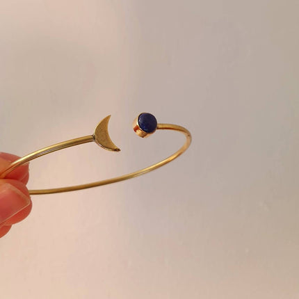 Gold Moon Bracelet / Lapis Lazuli / Brass / Bangle / Galaxy / Solar System / Planets / Boho / Adjustable / Hippie / Chic / Sun