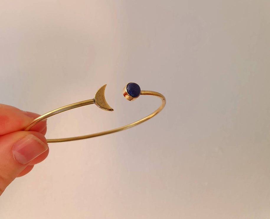 Gold Moon Bracelet / Lapis Lazuli / Brass / Bangle / Galaxy / Solar System / Planets / Boho / Adjustable / Hippie / Chic / Sun