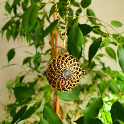 Gold Bola Necklace Brass & Labradorite / Pregnancy / Harmony Ball / Chimes / Vegan / Ethnic / Boho / Hippie / Rustic / Hypoallergenic