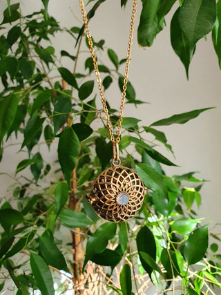Gold Bola Necklace Brass & Moonstone / Pregnancy / Harmony Ball / Chimes / Steel Chain / Bell / Vegan / Ethnic / Boho / Hippie / Rustic / 