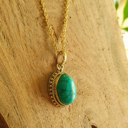 Turquoise Gold Necklace / Brass / Ethnic / Hypoallergenic / Hippie / Gypsy / Rustic / Stainless steel