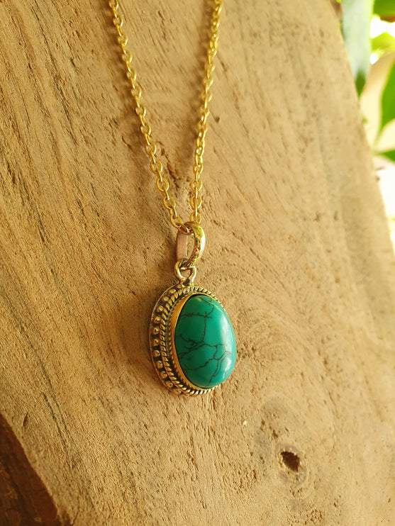 Turquoise Gold Necklace / Brass / Ethnic / Hypoallergenic / Hippie / Gypsy / Rustic / Stainless steel