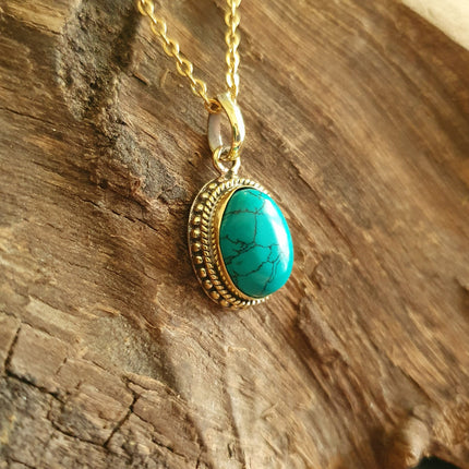 Turquoise Gold Necklace / Brass / Ethnic / Hypoallergenic / Hippie / Gypsy / Rustic / Stainless steel