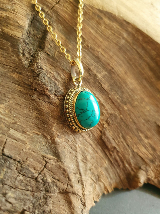 Turquoise Gold Necklace / Brass / Ethnic / Hypoallergenic / Hippie / Gypsy / Rustic / Stainless steel