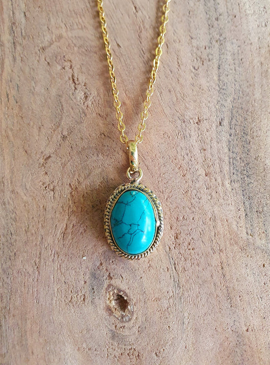 Turquoise Gold Necklace / Brass / Ethnic / Hypoallergenic / Hippie / Gypsy / Rustic / Stainless steel