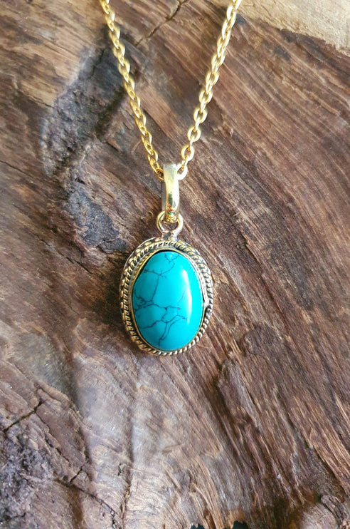 Turquoise Gold Necklace / Brass / Ethnic / Hypoallergenic / Hippie / Gypsy / Rustic / Stainless steel