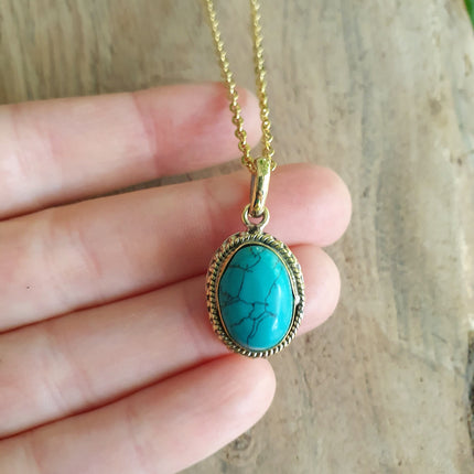 Turquoise Gold Necklace / Brass / Ethnic / Hypoallergenic / Hippie / Gypsy / Rustic / Stainless steel