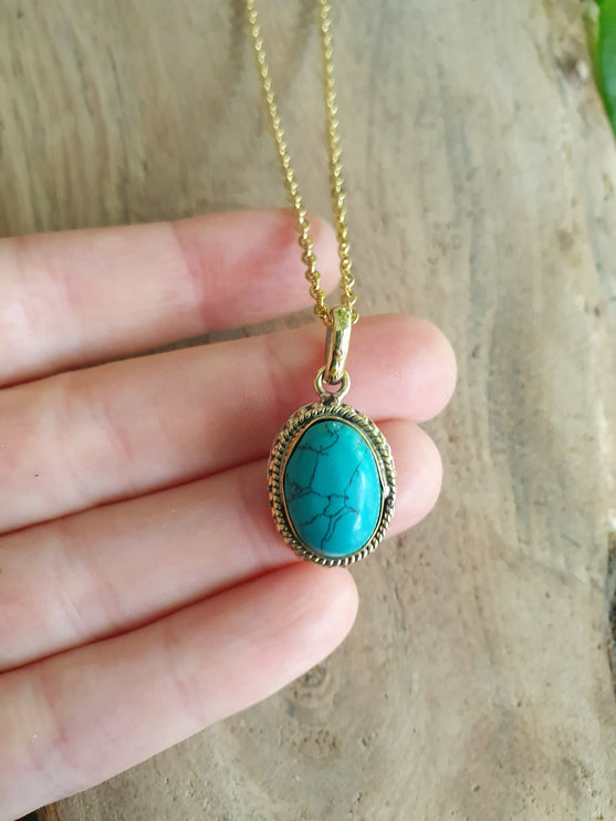 Turquoise Gold Necklace / Brass / Ethnic / Hypoallergenic / Hippie / Gypsy / Rustic / Stainless steel