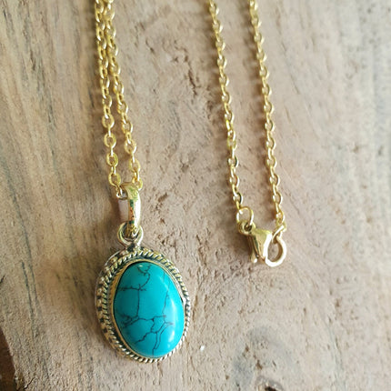 Turquoise Gold Necklace / Brass / Ethnic / Hypoallergenic / Hippie / Gypsy / Rustic / Stainless steel