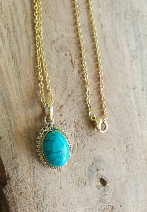 Turquoise Gold Necklace / Brass / Ethnic / Hypoallergenic / Hippie / Gypsy / Rustic / Stainless steel