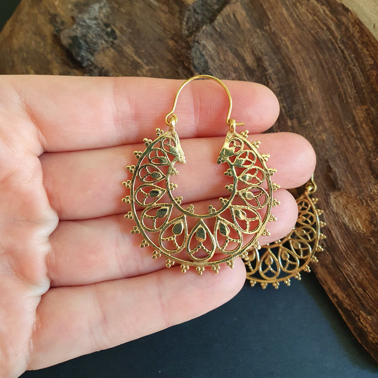 Boho Mandala Flower Golden Hoop Earrings; Ethnic, Geometric, Rustic, Yoga, Hippie, Gypsy, Pretty, Ssy, Boho, Bohemian, Festival