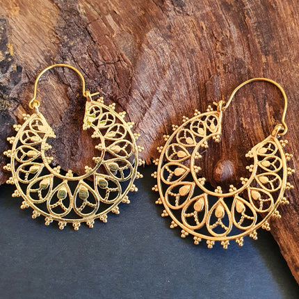 Boho Mandala Flower Golden Hoop Earrings; Ethnic, Geometric, Rustic, Yoga, Hippie, Gypsy, Pretty, Ssy, Boho, Bohemian, Festival