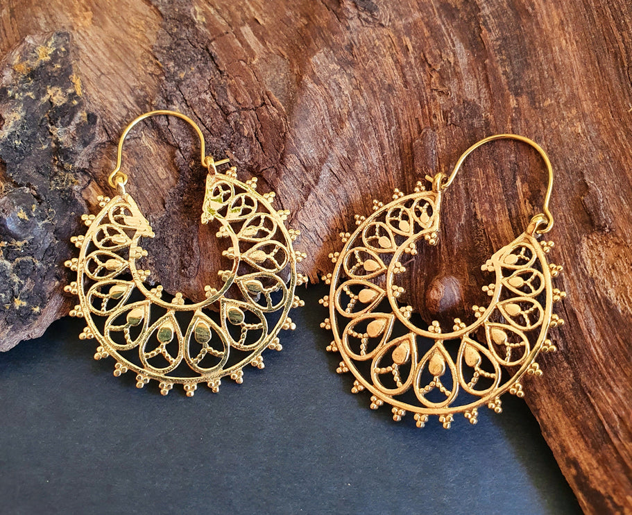 Boho Mandala Flower Golden Hoop Earrings; Ethnic, Geometric, Rustic, Yoga, Hippie, Gypsy, Pretty, Ssy, Boho, Bohemian, Festival