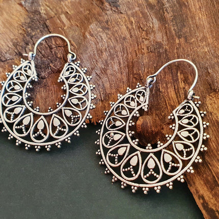 Boho Mandala Flower Silver Hoop Earrings; Ethnic, Geometric, Rustic, Yoga, Hippie, Gypsy, Pretty, Ssy, Boho, Bohemian, Festival