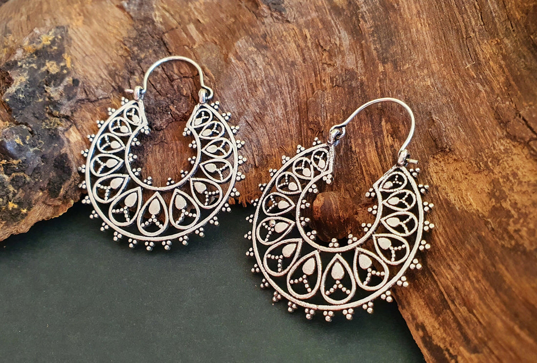 Boho Mandala Flower Silver Hoop Earrings; Ethnic, Geometric, Rustic, Yoga, Hippie, Gypsy, Pretty, Ssy, Boho, Bohemian, Festival