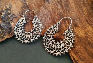Boho Mandala Flower Silver Hoop Earrings; Ethnic, Geometric, Rustic, Yoga, Hippie, Gypsy, Pretty, Ssy, Boho, Bohemian, Festival