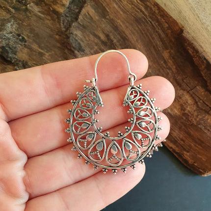 Boho Mandala Flower Silver Hoop Earrings; Ethnic, Geometric, Rustic, Yoga, Hippie, Gypsy, Pretty, Ssy, Boho, Bohemian, Festival