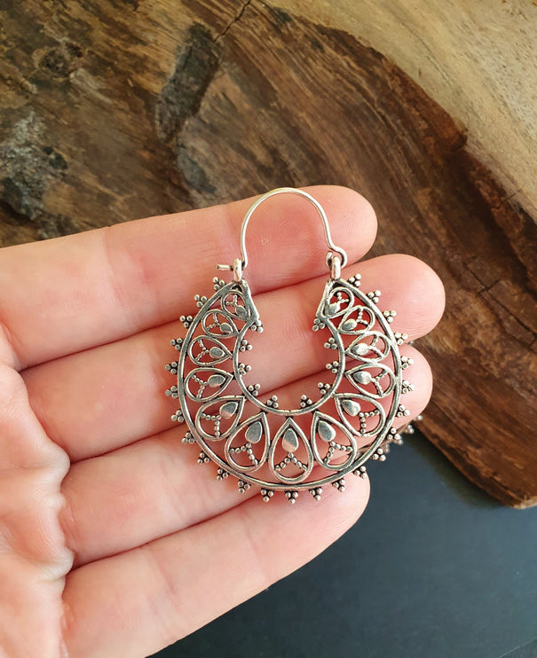 Boho Mandala Flower Silver Hoop Earrings; Ethnic, Geometric, Rustic, Yoga, Hippie, Gypsy, Pretty, Ssy, Boho, Bohemian, Festival