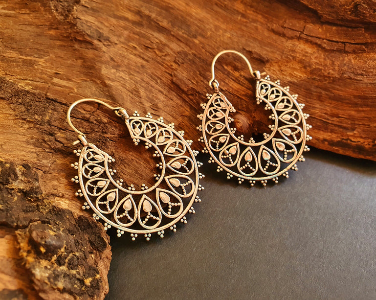 Boho Mandala Flower Silver Hoop Earrings; Ethnic, Geometric, Rustic, Yoga, Hippie, Gypsy, Pretty, Ssy, Boho, Bohemian, Festival