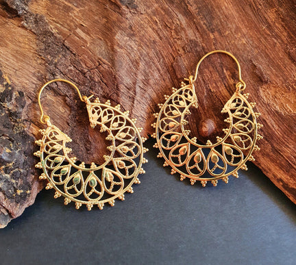 Boho Mandala Flower Golden Hoop Earrings; Ethnic, Geometric, Rustic, Yoga, Hippie, Gypsy, Pretty, Ssy, Boho, Bohemian, Festival