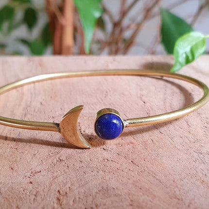 Gold Moon Bracelet / Lapis Lazuli / Brass / Bangle / Galaxy / Solar System / Planets / Boho / Adjustable / Hippie / Chic / Sun