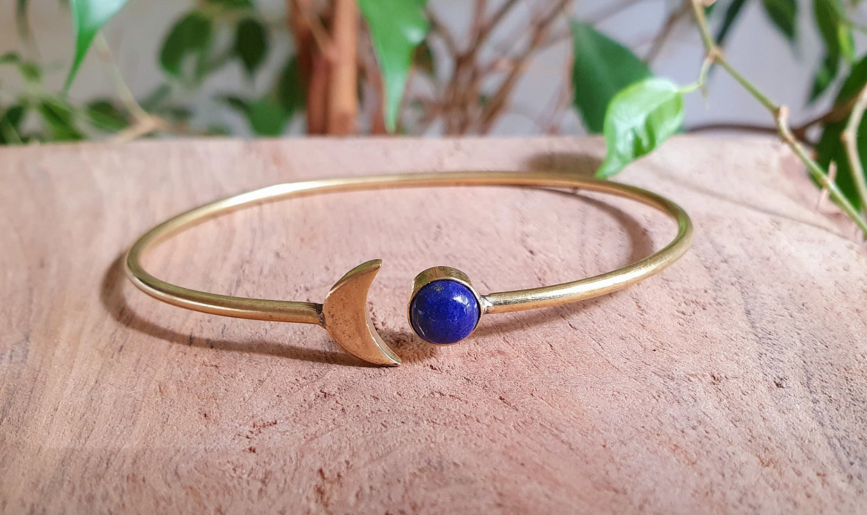 Gold Moon Bracelet / Lapis Lazuli / Brass / Bangle / Galaxy / Solar System / Planets / Boho / Adjustable / Hippie / Chic / Sun