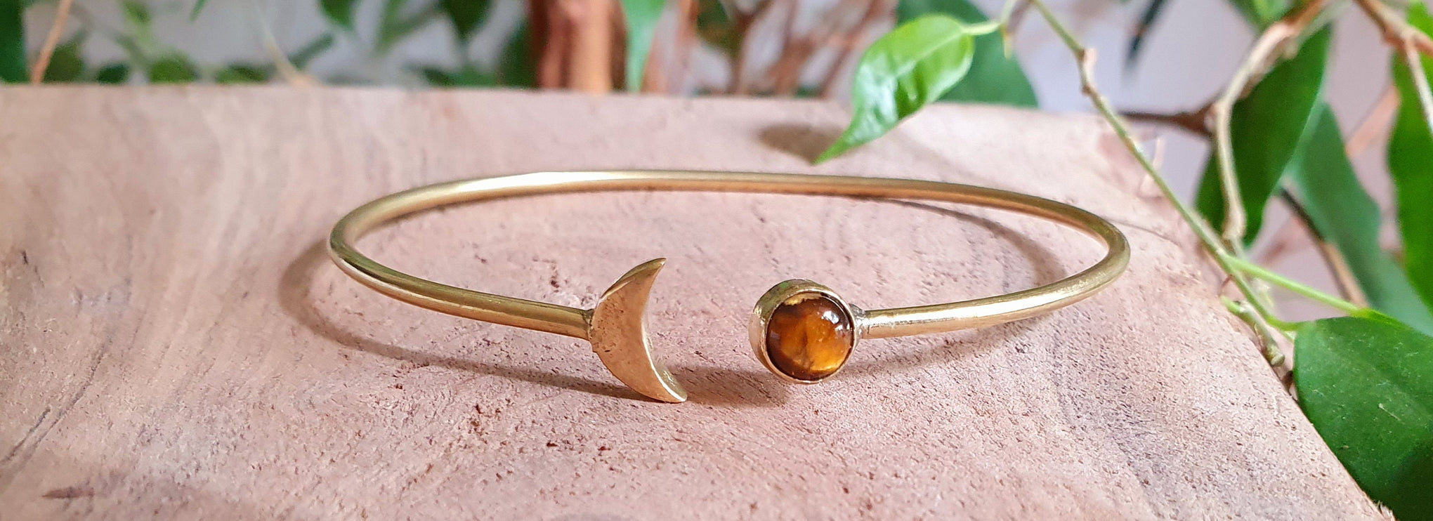 L’œil de tigre Jonc Bracelet de Lune Dorée / Laiton / Galaxie / Solaire / Soleil / Ethnique / Réglable