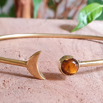 Gold Moon Bracelet / Tiger Eye / Brass / Bangle / Galaxy / Solar System / Planets / Boho / Adjustable / Hippie / Chic / Sun