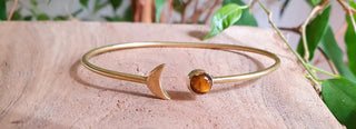 Gold Moon Bracelet / Tiger Eye / Brass / Bangle / Galaxy / Solar System / Planets / Boho / Adjustable / Hippie / Chic / Sun